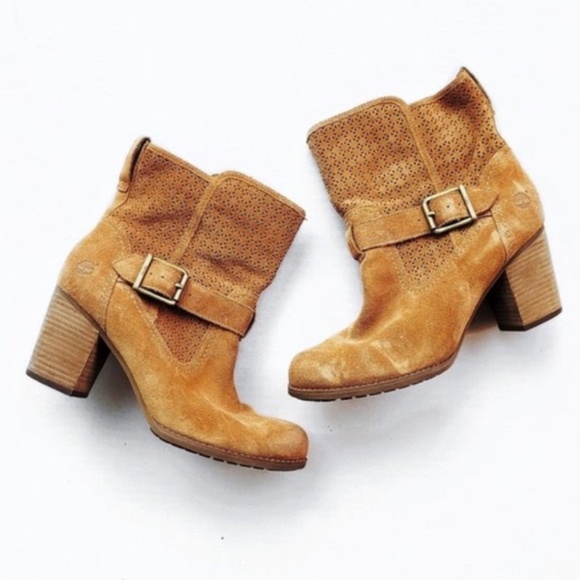 Timberland Women's Orange Tan Leather Earthkeeper Buckle Heel Boots 9 Mid Calf - Picture 1 of 1